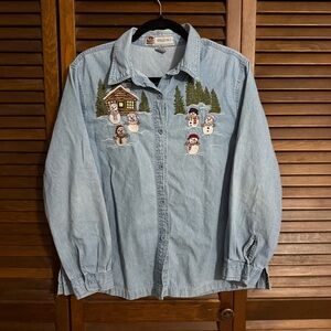 vintage Passion-I women's blue denim button up embroidered snowmen and cabin
